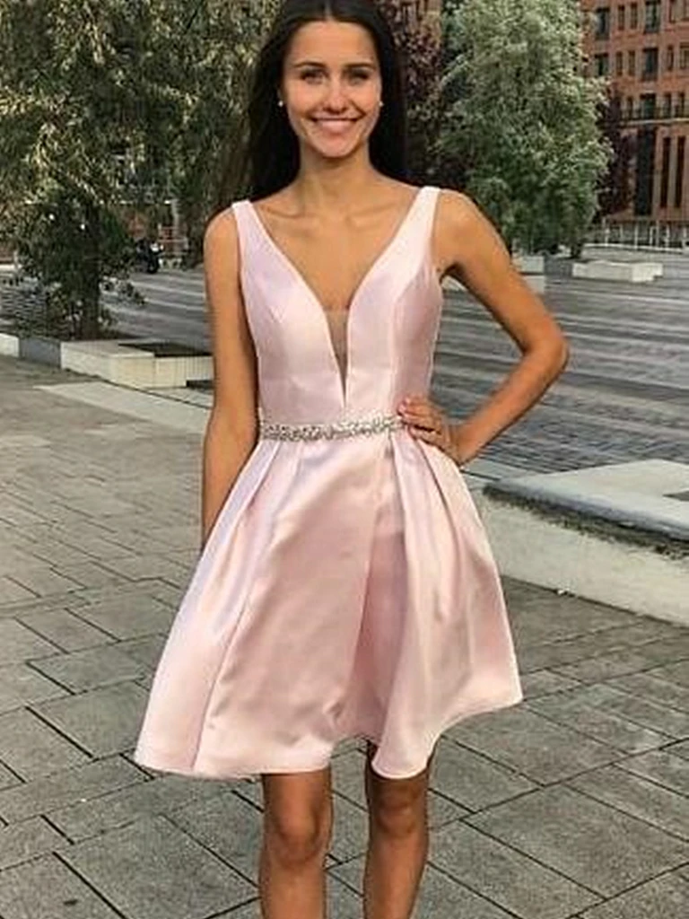 A Line V Neck Short Pink Prom Dresses with Beaded Belt, Short V Neck Pink Graduation Homecoming Dresses