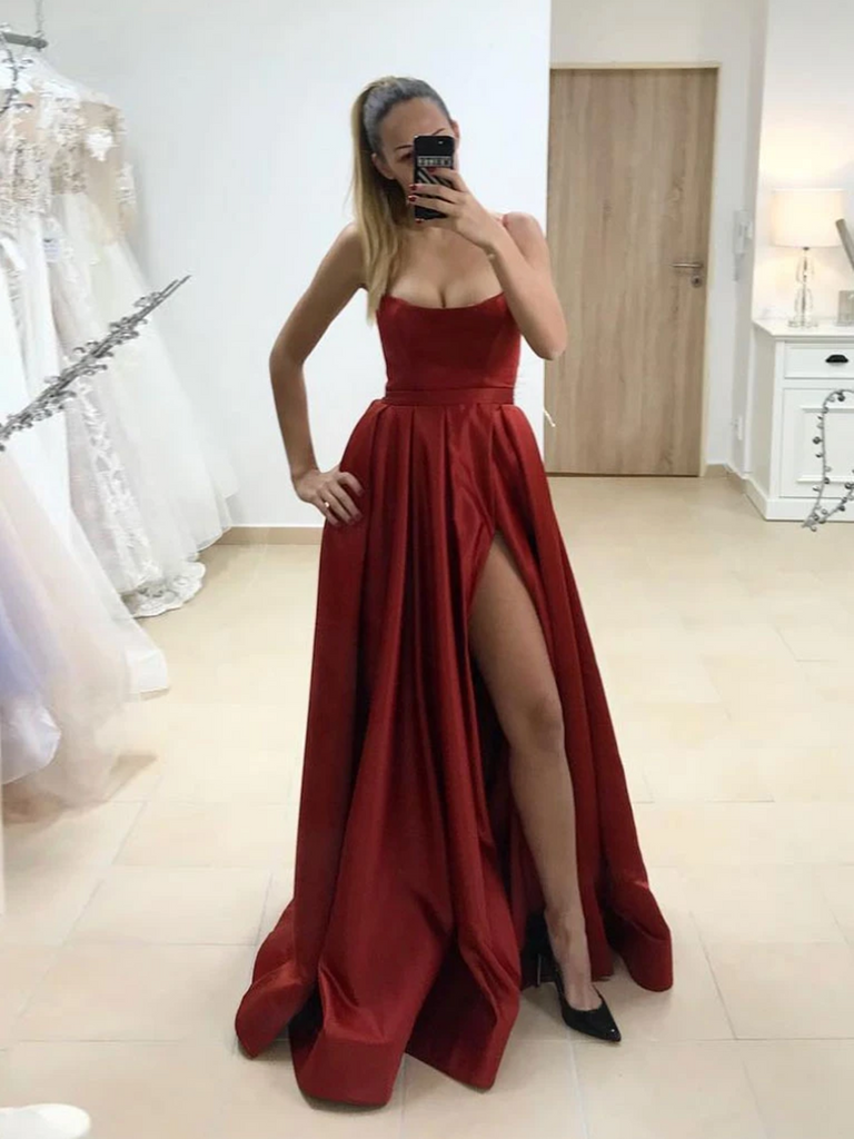 Simple Satin Burgundy Long Prom Dresses With High Leg Slit,  Burgundy Satin Formal Evening Dresses