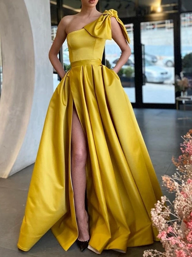 One Shoulder Satin Yellow High Slit Prom Dresses, One Shoulder Formal Dresses, Yellow Graduation Evening Dresses