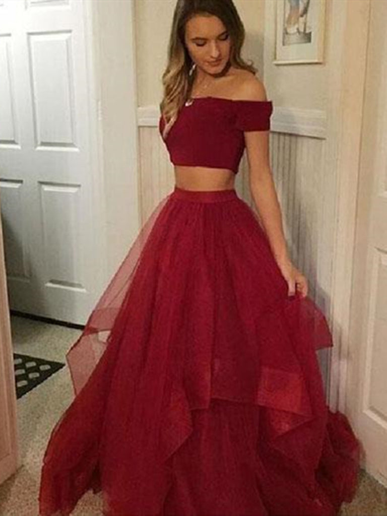 Off Shoulder Two Piece Ruffled Tulle Burgundy Ball Gown Dress, 2 Piece Burgundy Prom Dress, Formal Evening Dress