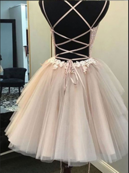 Champagne V Neck Tulle Lace Short Prom Dress ,Lace Short Homecoming Evening Dress