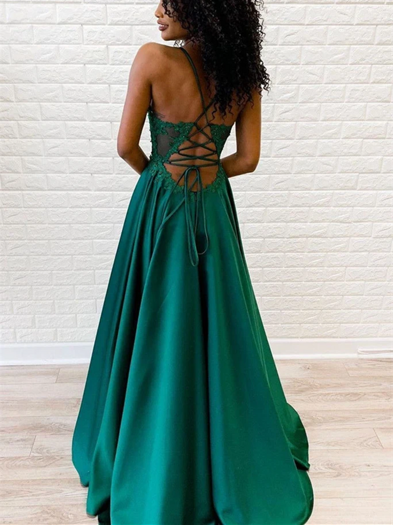 A Line V Neck Emerald Green Spaghetti Straps Lace Appliques Prom Dress morievent A Line V Neck Emerald Green Spaghetti Straps Lace Appliques Prom Dress morievent