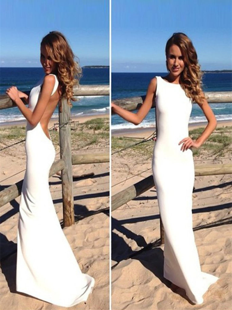 Simple White Backless Long Mermaid Prom Dresses, Sexy Sleeveless Formal Evening Dresses