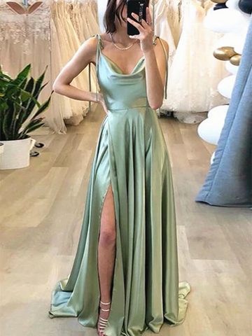 Elegant Brown/Mint Green Satin Long Prom Dresses with High Slit, Long Brown/Mint Green Formal Graduation Evening Dresses