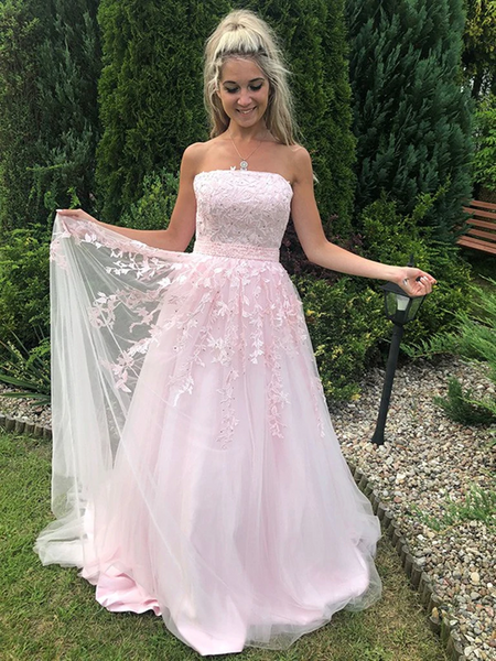 Strapless Pink Tulle Lace Long Prom Dresses, Pink Lace Formal Graduation Evening Dresses