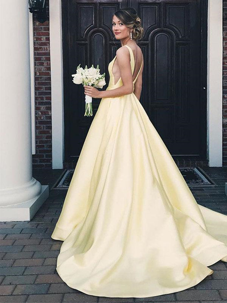 A Line V Neck Yellow Satin Long Prom Dresses, V Neck Backless Yellow Wedding Dresses, Formal Dresses A Line V Neck Yellow Satin Long Prom Dresses, V Neck Backless Yellow Wedding Dresses, Formal Dresses
