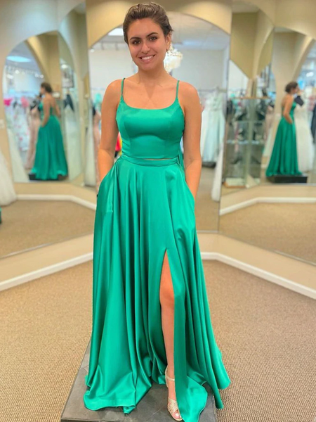 Simple Open Back Green Satin Long Prom Dresses with High Slit, Long Green Formal Graduation Evening Dresses