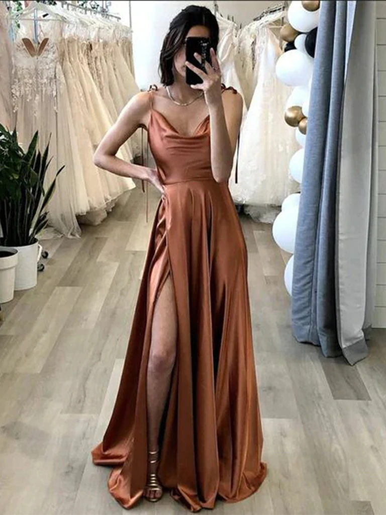 Elegant Brown Mint Green Satin Long Prom Dresses with High Slit Long morievent