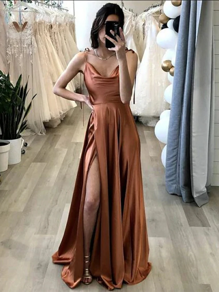 Elegant Brown/Mint Green Satin Long Prom Dresses with High Slit, Long Brown/Mint Green Formal Graduation Evening Dresses