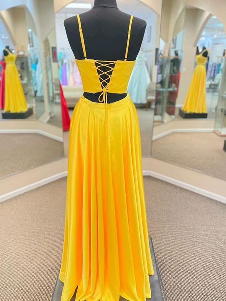 Simple Two Pieces Yellow Satin Long Prom Dresses, 2 Pieces Yellow Formal Graduation Evening Dresses