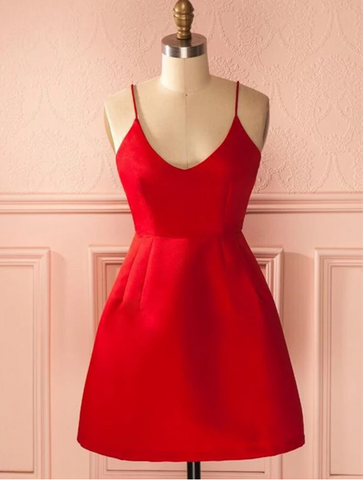 A Line Spaghetti Straps Red Backless Short Prom Dresses,  Red Satin Short Homecoming Graduation Formal Dresses