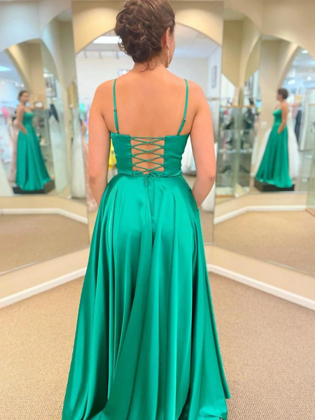Simple Open Back Green Satin Long Prom Dresses with High Slit, Long Green Formal Graduation Evening Dresses