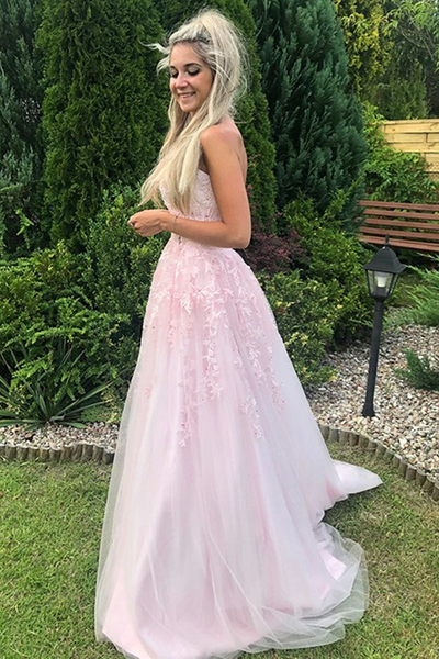 Strapless Pink Tulle Lace Long Prom Dresses, Pink Lace Formal Graduation Evening Dresses