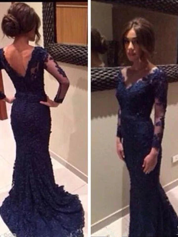 Custom Made Long Sleeves Round Neck Mermaid Navy Blue Lace Prom Dresses, Lace Wedding Dresses, Formal Dresses