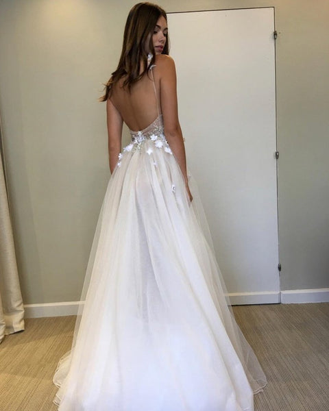 V Neck Backless Beaded Wedding Dresses, Ivory Backless Floral Prom Dresses Evening Dresses