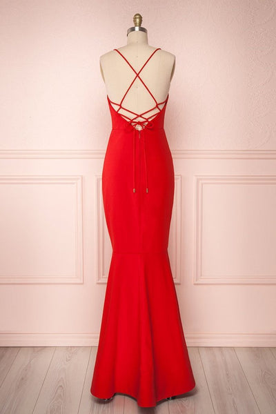 Thin shoulder strap Backless Mermaid Red Prom Dresses, Red Mermaid Backless Formal Evening Dresses
