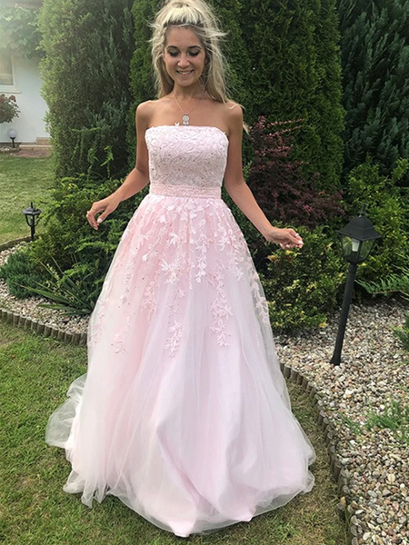 Strapless Pink Tulle Lace Long Prom Dresses, Pink Lace Formal Graduation Evening Dresses