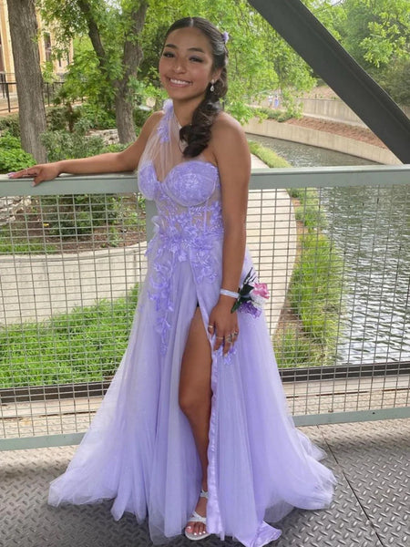 One Shoulder Purple Lace Floral Long Prom Dresses with High Slit, One Shoulder Lilac Formal Dresses with 3D Flowers, Purple Evening Dresses