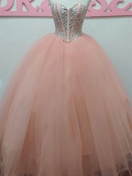 Pink Sweetheart Tulle Beads Long Prom Dresses, Pink Sweetheart Tulle Beads Long Formal Evening Dresses