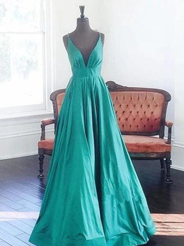 Simple Green A Line V Neck Long Prom Dress, V Neck Formal Dresses, Evening Dresses