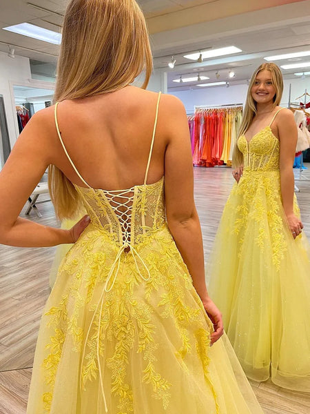 V Neck Open Back Yellow Floor Length Lace Long Prom Dresses, Spaghetti Strap Lace Formal Evening Dresses