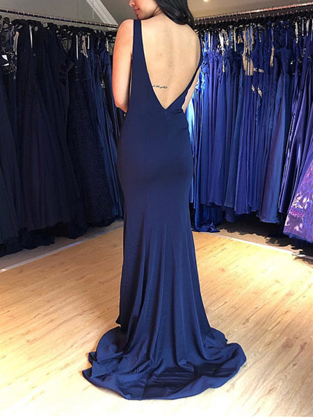 Navy blue round neck mermaid open back long prom dress, Navy Blue mermaid formal evening dress