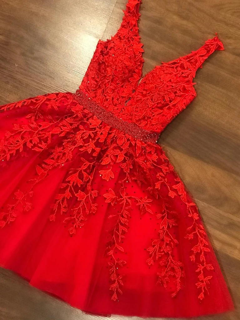 A Line V Neck Short Red Lace Prom Dresses, Short Red Lace Formal Gradu morievent A Line V Neck Short Red Lace Prom Dresses, Short Red Lace Formal Gradu morievent