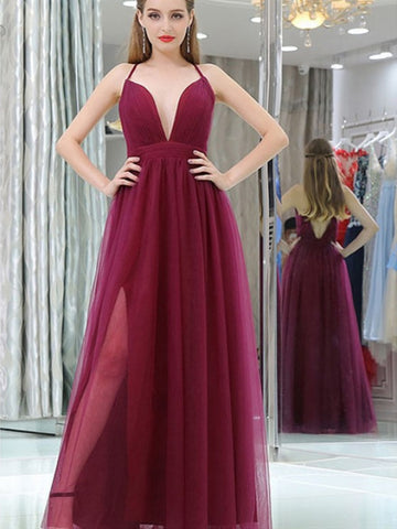 V Neck Sexy Backless Burgundy Prom Dresses With Leg Slit, Burgundy Tulle Bridesmaid Dresses, Formal Evening Dresses