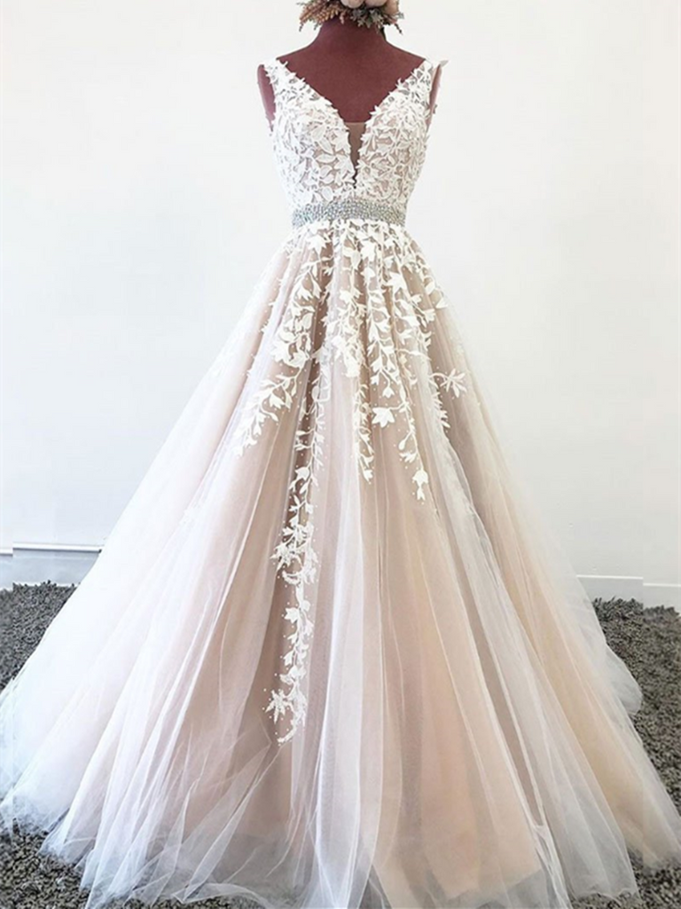 Stylish V Neck Champagne Tulle Long Prom Dress With White Applique, Ch morievent Stylish V Neck Champagne Tulle Long Prom Dress With White Applique, Ch morievent