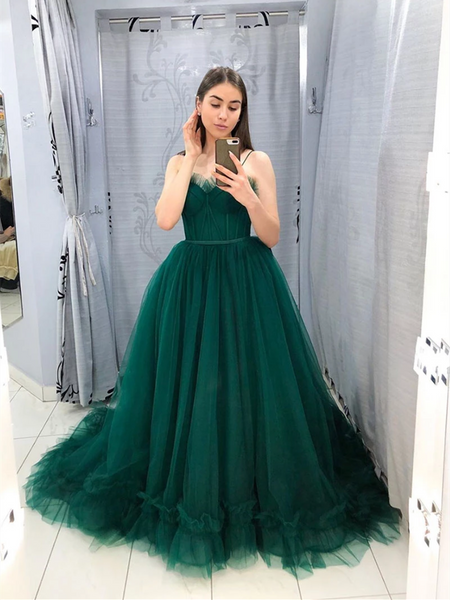 A Line Green Tulle Long Prom Dresses,Green Tulle Long Party Evening Dresses