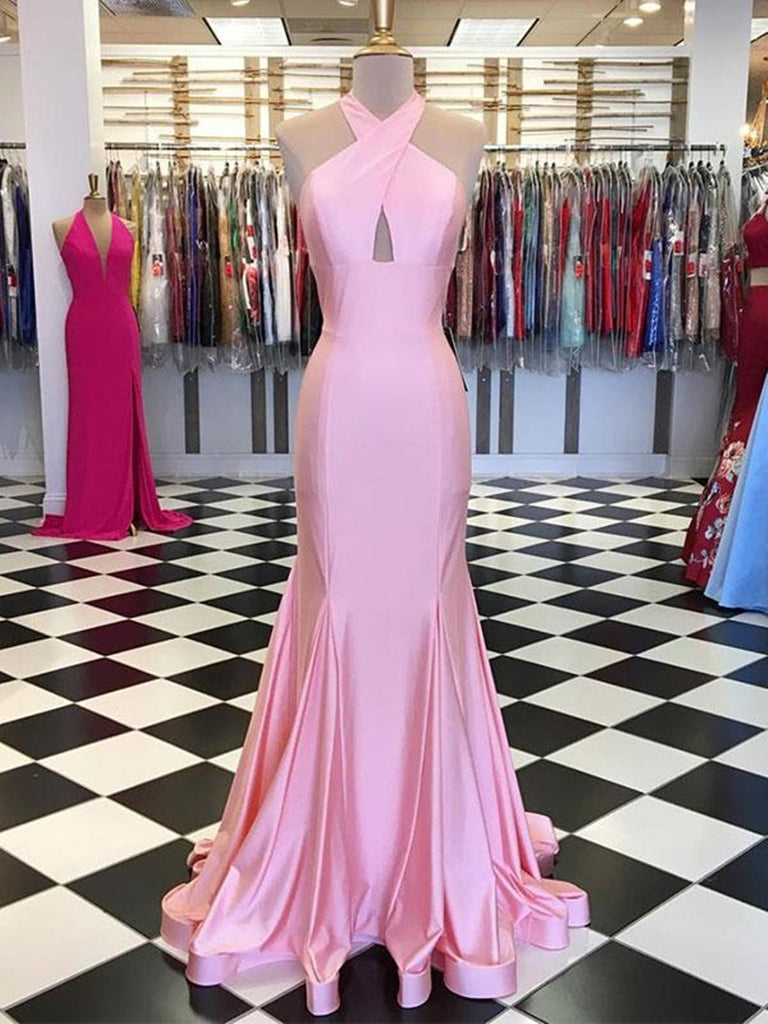 Custom made pink mermaid satin long prom dress, Pink evening dress
