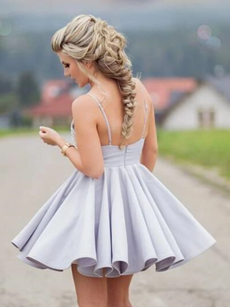 V Neck Open Back Short Grey Lace Prom Dresses Backless Gray Lace