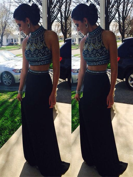 Custom Made High Neck Black Two Pieces Long Prom Dresses, 2 Pieces Formal Dresses