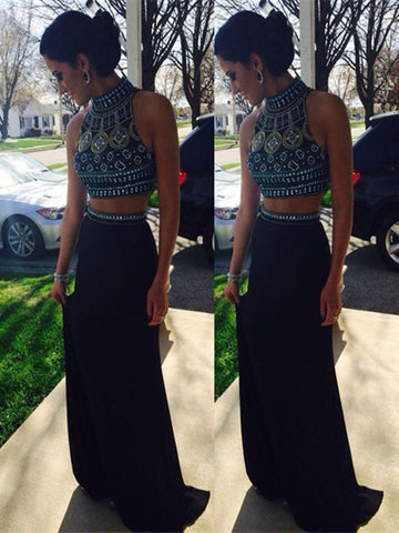 Custom Made High Neck Black Two Pieces Long Prom Dresses, 2 Pieces Formal Dresses