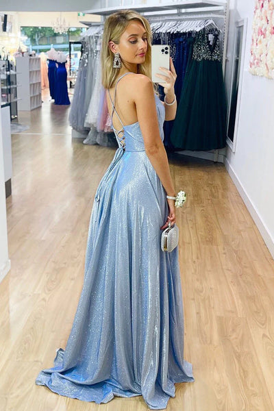Sparkle V Neck Blue Long Prom Dress with Slit, Blue Long Evening Dress