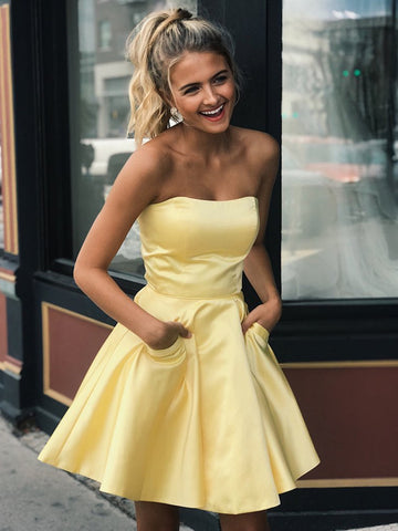 Cute Yellow Strapless Satin Short Prom Dresses with Pockets, Yellow Short  Homecoming Graduation Evening Dresses