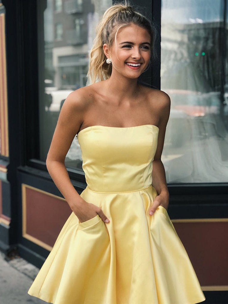 Cute Yellow Strapless Satin Short Prom Dresses with Pockets, Yellow Sh morievent Cute Yellow Strapless Satin Short Prom Dresses with Pockets, Yellow Sh morievent