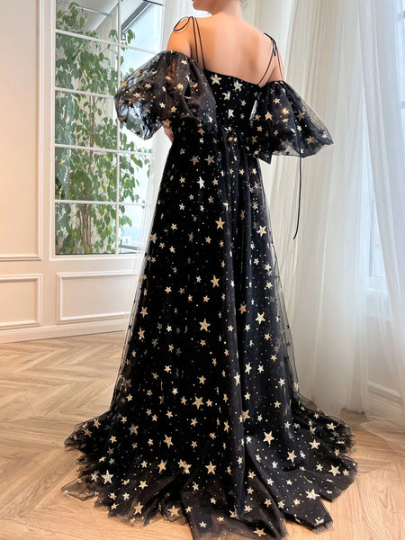A Line Tulle Black Long Prom Dress, Black Tulle Formal Evening Dress