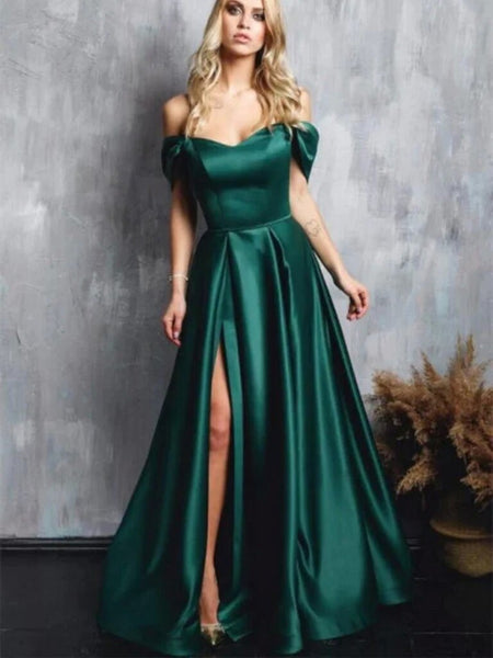 Simple Off Shoulder Green Satin Long Prom Dresses with High Slit, Long Green Formal Graduation Evening Dresses