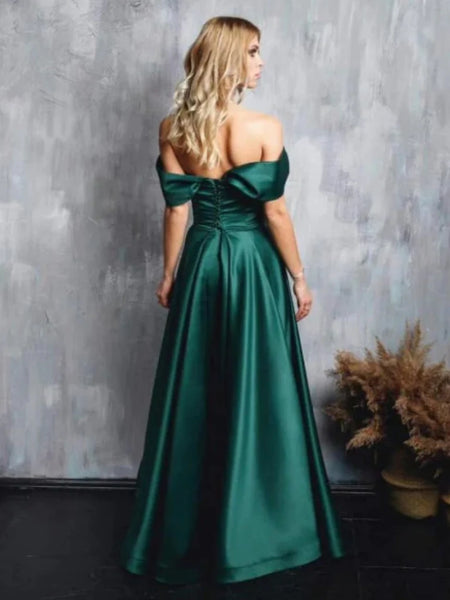 Simple Off Shoulder Green Satin Long Prom Dresses with High Slit, Long Green Formal Graduation Evening Dresses