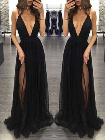 Custom Made Black V Neck Prom Dresses, Black V Neck Formal Dresses