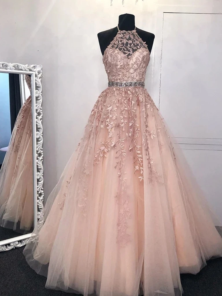 A Line High Neck Pink Tulle Lace Long Prom Dresses, Tulle Pink Lace Formal Graduation Evening Dresses