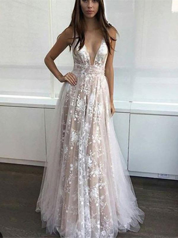 Custom Made A Line V Neck Lace Prom Dresses, V Neck Lace Formal Dresses