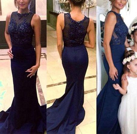 Round Neck Mermaid Sweep Train Navy Blue Lace Prom Dresses, Navy Blue Lace Formal Dresses