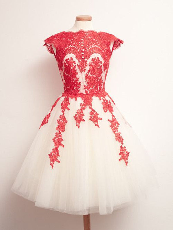 Custom Made Round Neck White And Red Lace Prom Dresses, Lace Formal Dresses