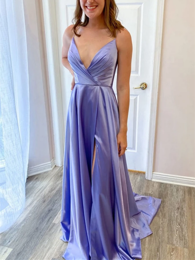 Simple V Neck Purple Satin Long Prom Dresses With High Leg Slit, Simple V Neck Purple Satin Long  Formal Evening Dresses