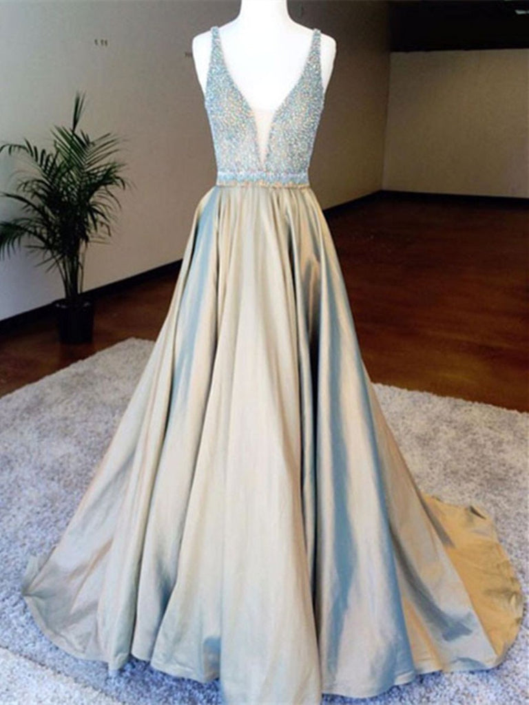 Custom Made A Line V Neck Open Back Prom Dresses, V Neck Backless Formal Dresses