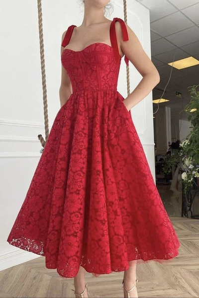 Simple Sweetheart Neck Tea Length Red Lace Prom Dresses, Red Tea Length Lace Formal Evening Dresses