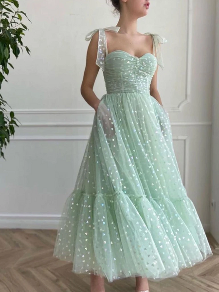 Simple Sweetheart Neck Ankle Length Green Tulle Prom Dresses, Ankle Length Green Formal Evening Dresses