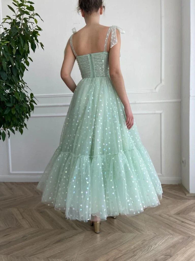 Simple Sweetheart Neck Ankle Length Green Tulle Prom Dresses, Ankle Le morievent Simple Sweetheart Neck Ankle Length Green Tulle Prom Dresses, Ankle Le morievent